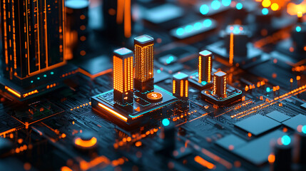 3D-rendered scene of a digital currency management system with animated cash transactions, asset performance indicators, and a sleek business environment 