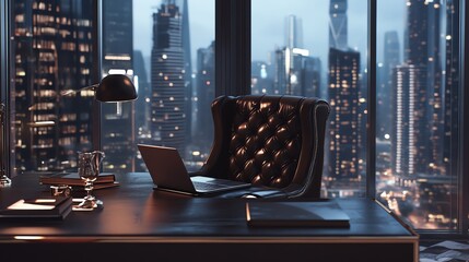 Plakat A luxurious modern office with a city view at night.
