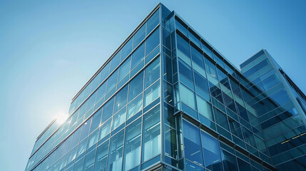Modern glass office building with reflections  windows, in a low angle view, with a white sky background