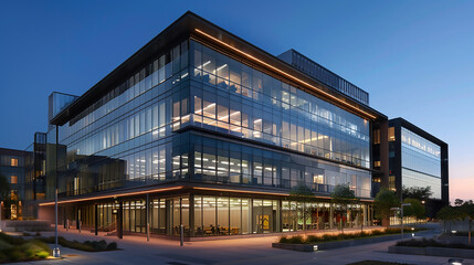 Obraz premium A large building with a lot of windows and a green tree in front Contemporary Exterior Building 