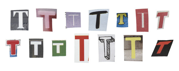 Set of isolated cut-out letter “T” from magazines on a transparent background, retro y2k style