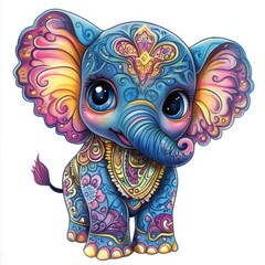 Naklejka premium A colorful, cartoon-style elephant adorned with intricate patterns and designs.