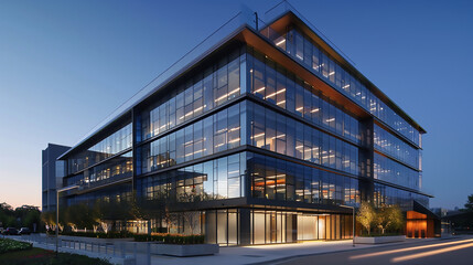 Fototapeta premium A large building with a lot of windows and a green tree in front Contemporary Exterior Building 