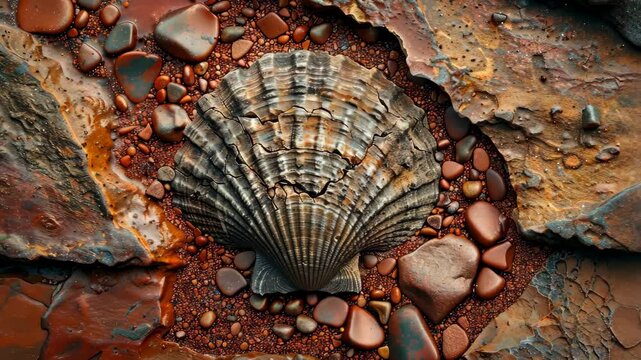 Exploring a unique fossilized shell in a rocky landscape during the golden hour