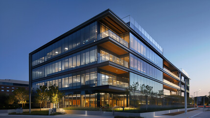 Obraz premium Modern office building exterior with glass walls and sleek design, symbolizing corporate success