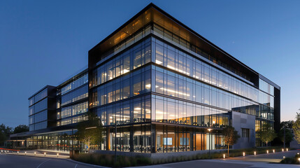 Obraz premium Modern office building exterior with glass walls and sleek design, symbolizing corporate success