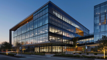 Obraz premium A large building with a lot of windows and a green tree in front Contemporary Exterior Building 