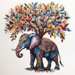 A vibrant elephant with a colorful tree of leaves growing from its back.