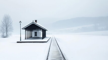 Old train station buried in deep snow, distant hills and a pale winter sky, railway station winter, vintage calm