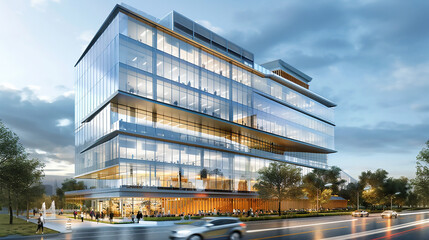Modern glass office building with reflections  windows, in a low angle view, with a white sky background