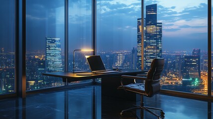 Plakat A modern office with a view of a city skyline at night.