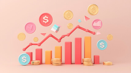 Fototapeta premium 3D model of an upward-trending marketing graph surrounded by coins and product icons, all set on a simple pastel peach background, showcasing business growth and success 