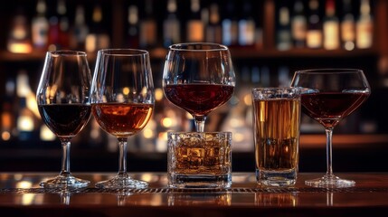Whiskey and wine glasses arranged on the counter.
