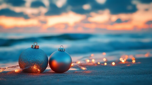 festive christmas balls and lights on the beach, blurred background capturing the holiday spirit in a coastal setting