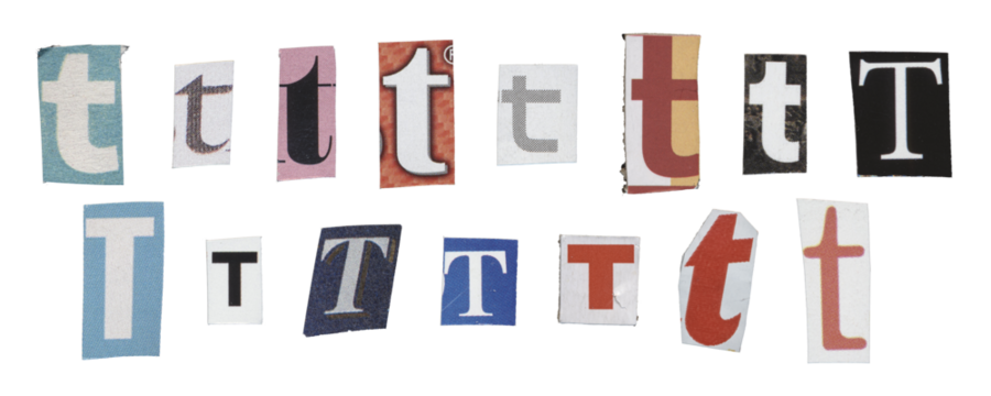 Set of isolated cut-out letter “T” from magazines on a transparent background, retro y2k style