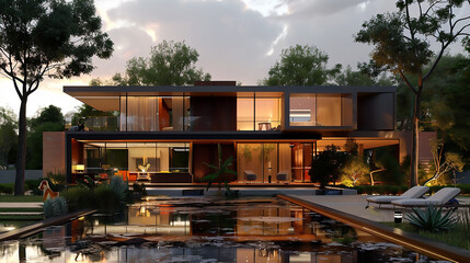 Obraz premium Modern two-story house rendering with trees luxury white home