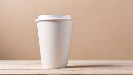 Blank white to-go cup on a wooden table.