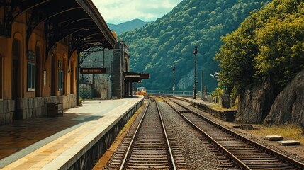 Fototapeta premium A scenic shot of a train station located in a picturesque setting, such as near mountains or by the sea, highlighting the connection between travel and landscape