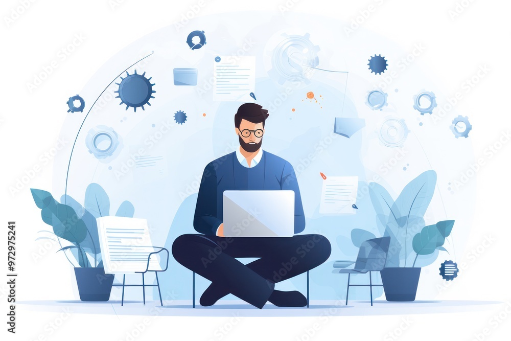 Poster a busy executive seamlessly multitasks between tasks on their laptop, effortlessly managing emails, 