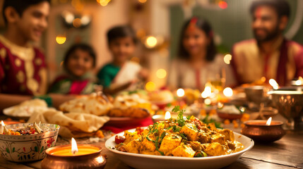 Festive Indian meal with paneer curry during Diwali celebration.