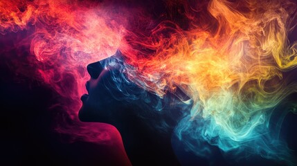 A serene and colorful smoke pattern emerging from a dark silhouette of a person, with the smoke forming intricate designs and patterns around them.