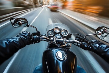 Naklejka premium motorcycle rider on a journey in a speed motion on the road