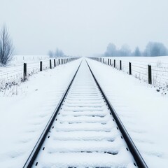 Rural train tracks buried in fresh snow, frost-covered fences lining the path, rural railway winter, frozen countryside