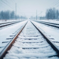 Fototapeta premium Frost-covered railway switches, snow piled high on either side, a lone train in the distance, train yard winter, frozen infrastructure
