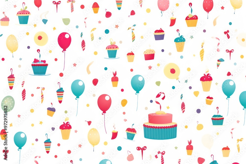 Poster a cheerful birthday background with an assortment of colorful party elements arranged in a playful p