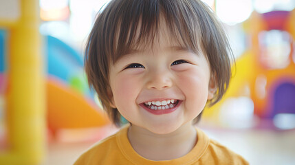 Close-up of a smiling Japanese child with a joyful face, with a soft background of an indoor play area. 
