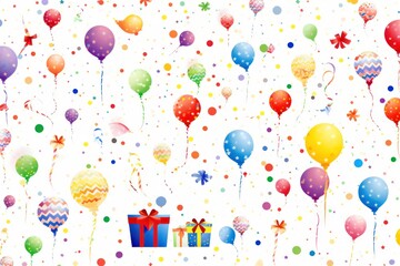 A cheerful birthday background with an assortment of colorful party elements arranged in a playful pattern