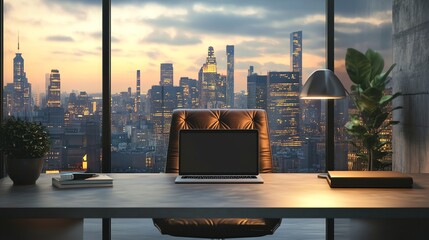 Plakat A modern office with a view of a city skyline at sunset.