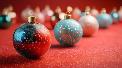 A festive arrangement of shiny red Christmas baubles on a vibrant red background capturing the holiday spirit with decorative spheres perfect for seasonal celebrations