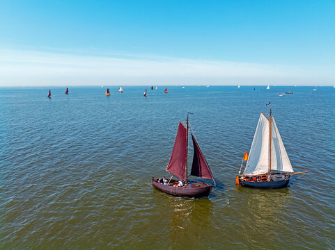 Aerial from ancient wooden ships on the IJsselmer in the Netherlands