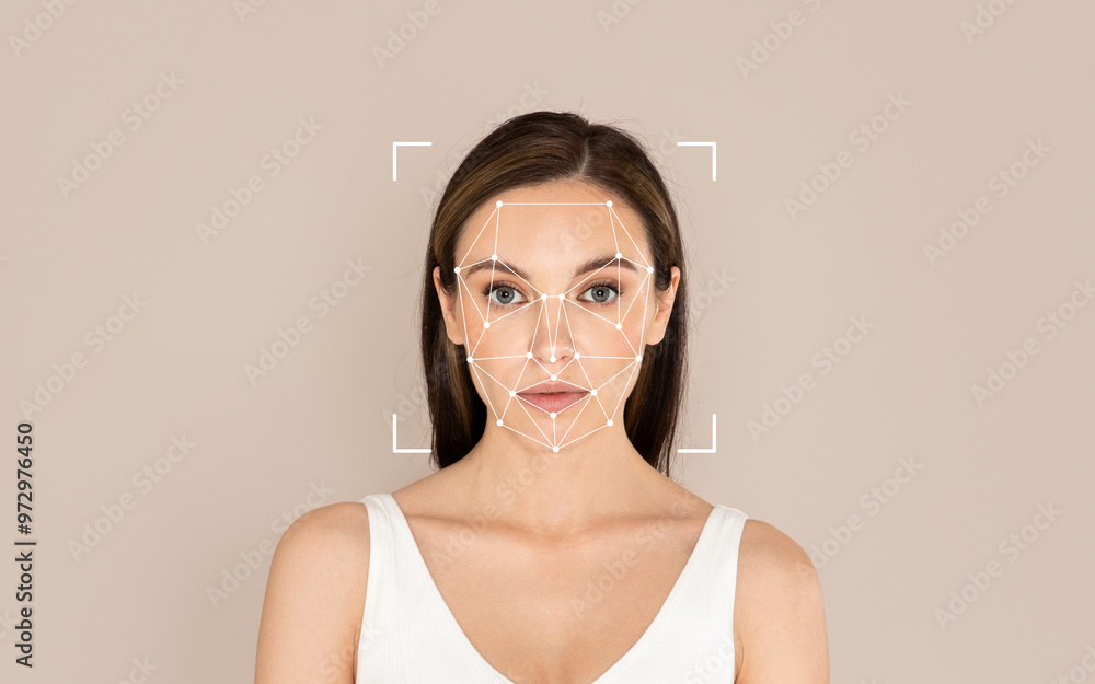 Poster a woman stands calmly as facial recognition technology is applied to analyze her features with a sim