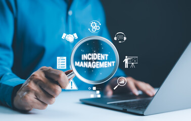 Incident Management Process and Business Technology Concept. Solution response, Businessman holds...