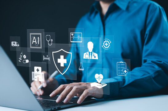 AI-Driven Healthcare and Medical Technology Concept. A professional using laptop with digital AI powered healthcare icons, medical services, data protection, and healthcare technology advancements.
