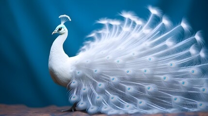 white peacock with blue background.