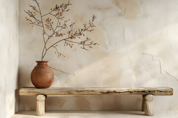 Rustic wooden bench and clay vase with branch near beige grunge stucco wall with copy space. Japandi, interior design 3d render. Generative Ai.