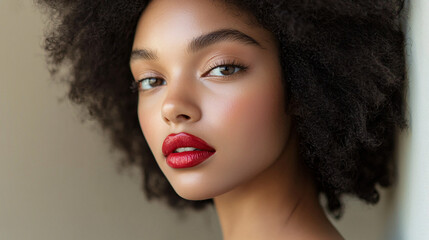 Fototapeta premium A woman with a freshly done makeup look, including a dramatic lip color and defined brows, posed against a simple backdrop. 
