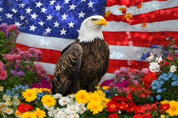 Naklejka premium bald eagle with American flag in the background representing USA patriotism and national symbol