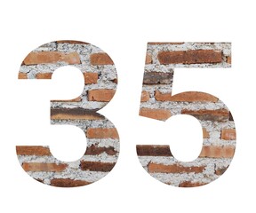  A close-up image of the number 35 formed from a brick wall texture. The white outline of the numbers is set against the warm red-brown brick pattern.  This image is perfect for design projects