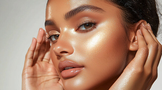 Close-up of a person carefully applying bronzer to her cheeks and forehead, with a soft, radiant finish. 