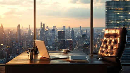 Naklejka na ściany i meble A modern office with a view of a city skyline at dusk.