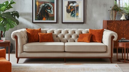 Elegant Classic Sofa with Tufted Backrest and Wooden Legs in a Cozy Living Room.., Interior Design