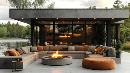Modern outdoor lounge with a fire pit by a serene lake.