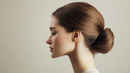 Fototapeta premium A side profile of a woman with a classic chignon bun, neatly styled at the nape of the neck, showcasing an elegant and timeless hairstyle.