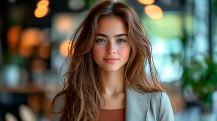 Obraz premium Portrait of a Young Woman with Long Brown Hair in a Professional Office Setting, Soft Lighting