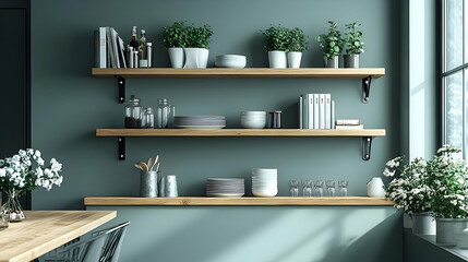 Modern shelving with plants and dishware in a stylish kitchen setting.