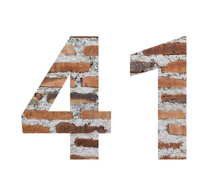 A high-resolution photograph of the number 41 formed from an old red brick wall. The textured brickwork adds a vintage and rustic feel to the image. Perfect for design projects needing a unique number